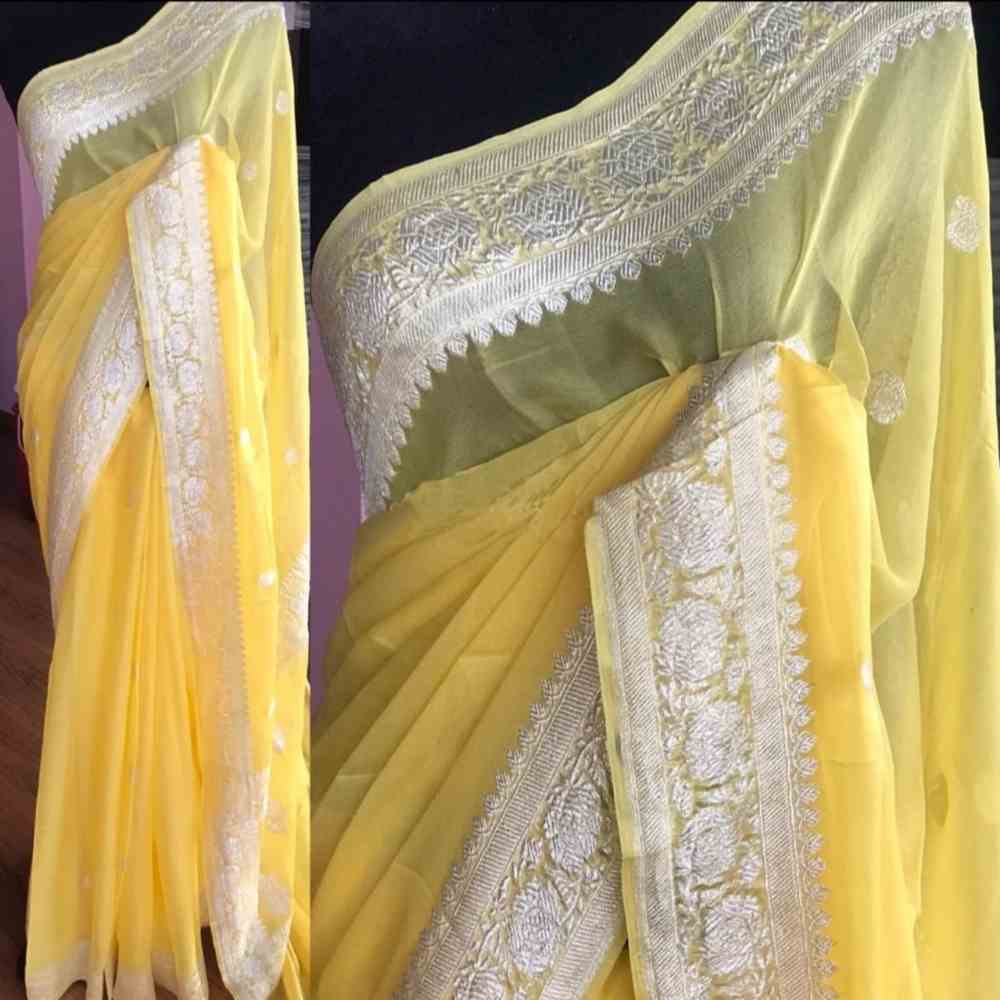 Light Yellow Khaddi Chiffon Saree